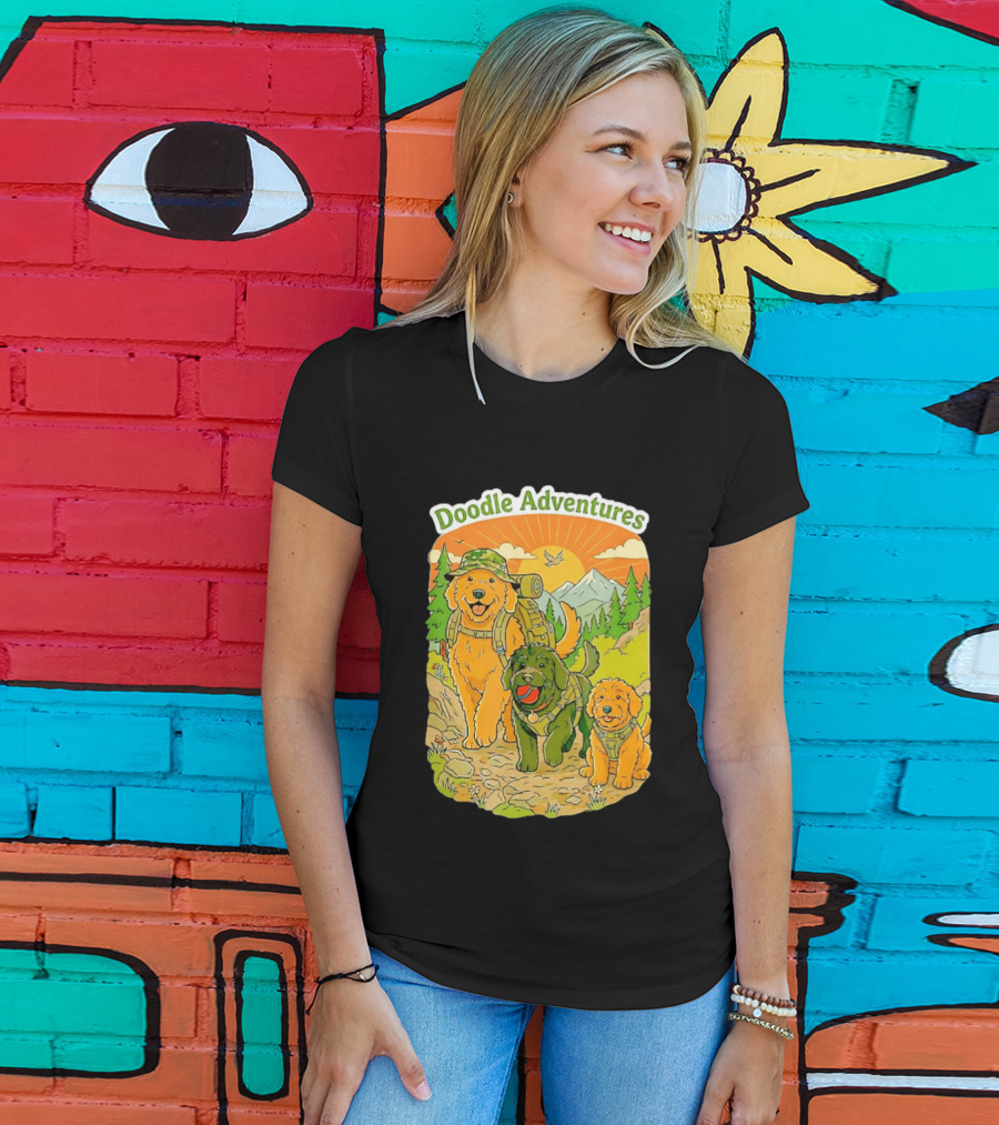 Doodle Adventures Three Dogs Picnic Adventure Sunset T-Shirt