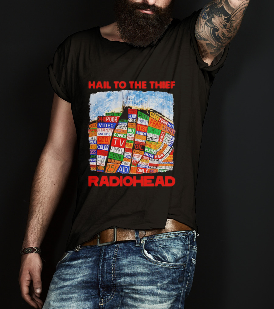 Radiohead Hail To The Thief Album Cover Colorful Text Collage 24HR TV 25 Aid T-Shirt
