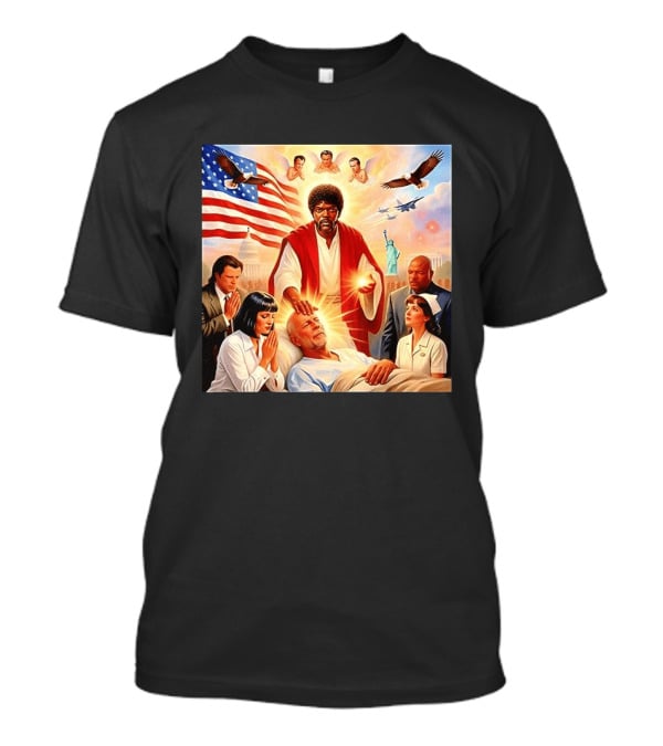 Samuel L. Jackson Exorcism Scene With Bruce Willis And US Patriotic Elements Meme T-Shirt