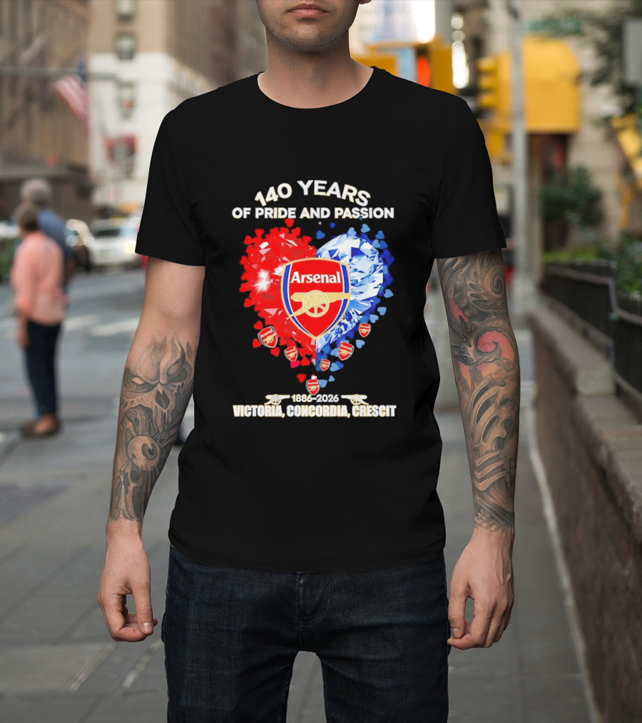 Arsenal 140 Years Of Pride And Passion Victoria Concordia Crescit 1886 2026 Heart Badge Crest T-Shirt