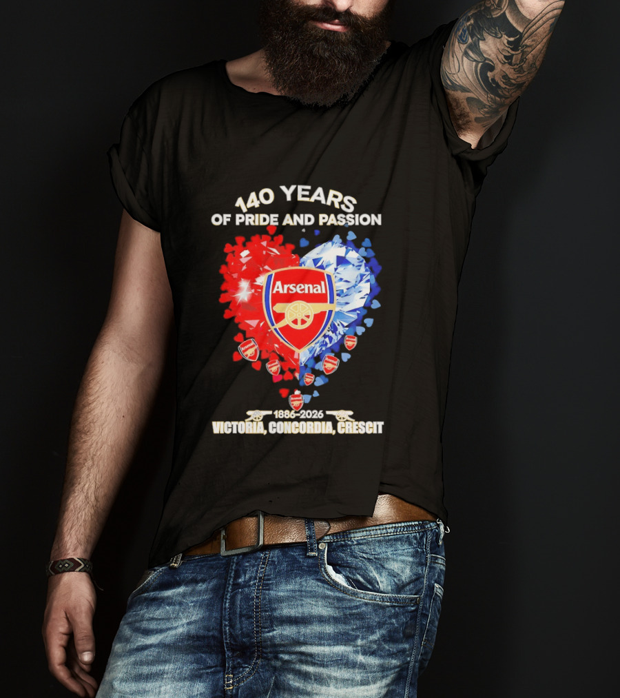 Arsenal 140 Years Of Pride And Passion Victoria Concordia Crescit 1886 2026 Heart Badge Crest T-Shirt