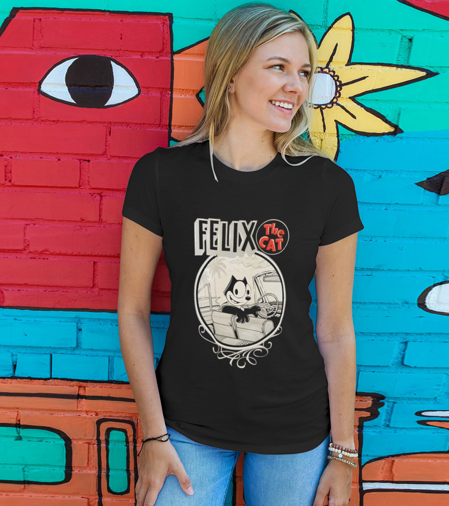Felix The Cat Driving Car By Mister Cartoon With Palm Tree T-Shirt