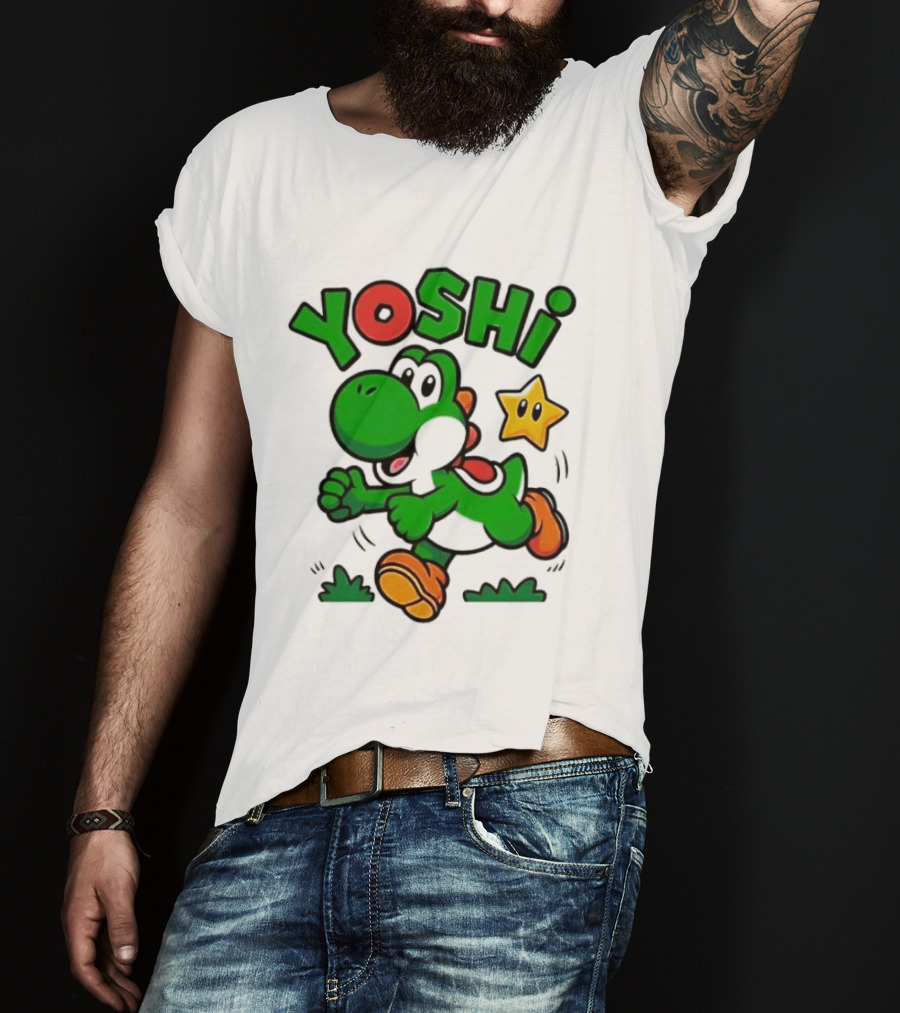 Yoshi Super Mario Green Dinosaur Running With Star T-Shirt