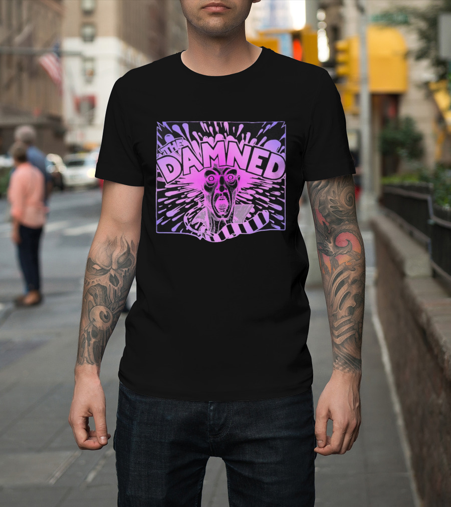 THE DAMNED Horror Face Neon Splatter Purple Black T-Shirt