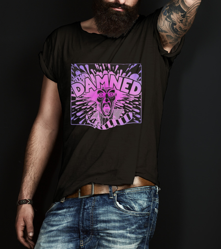 THE DAMNED Horror Face Neon Splatter Purple Black T-Shirt