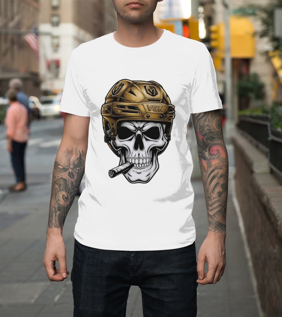 VGK Skull Helmet Vegas Golden Knights Smoking Cigar T-Shirt