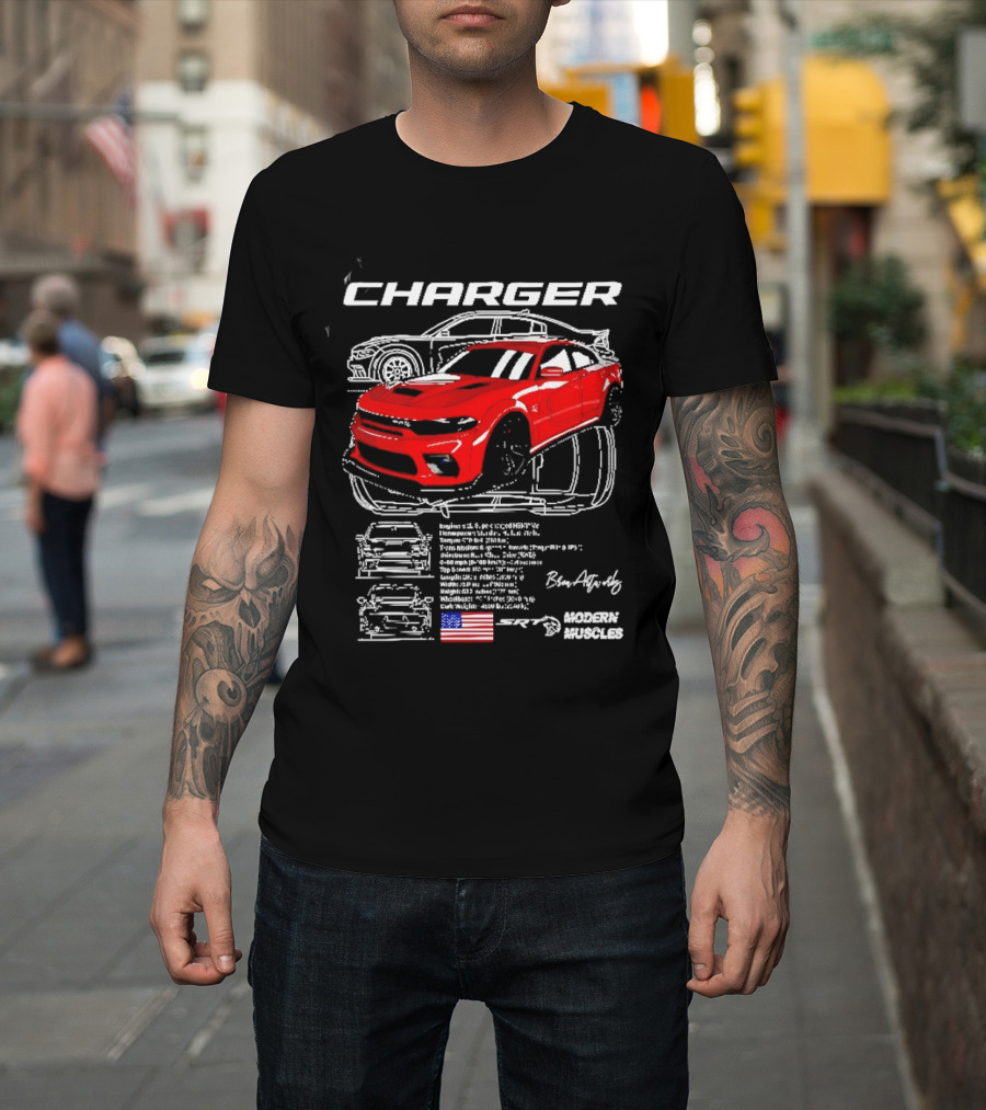 Dodge Charger Hellcat Red Modern Muscles Blueprint USA Flag T-Shirt