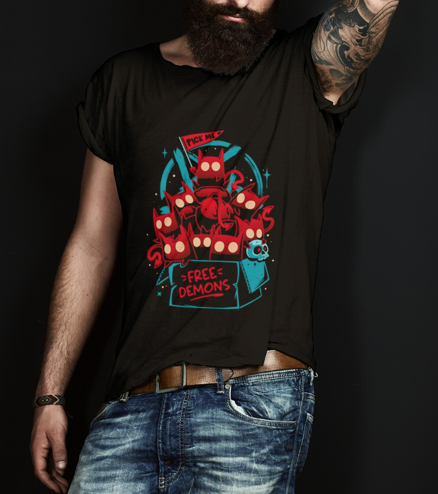 Free Demons Box Pick Me Red Monsters Cute Cartoon T-Shirt