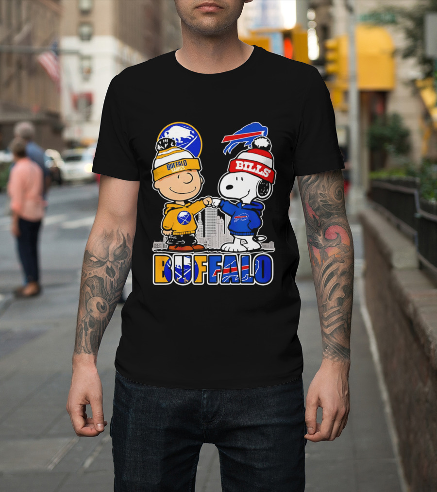 Buffalo Sabres Bills Snoopy City Skyline Collaboration With Charlie Brown T-Shirt