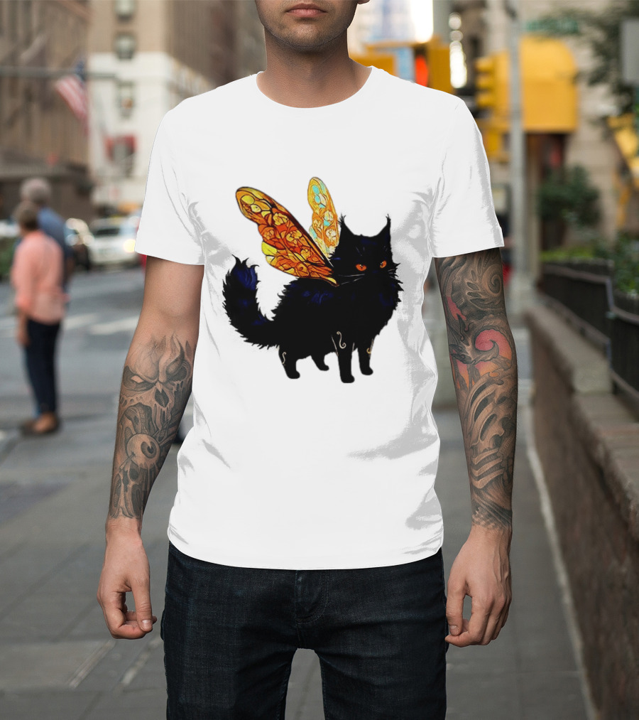 Black Cat With Colorful Fairy Wings Fantastical T-Shirt