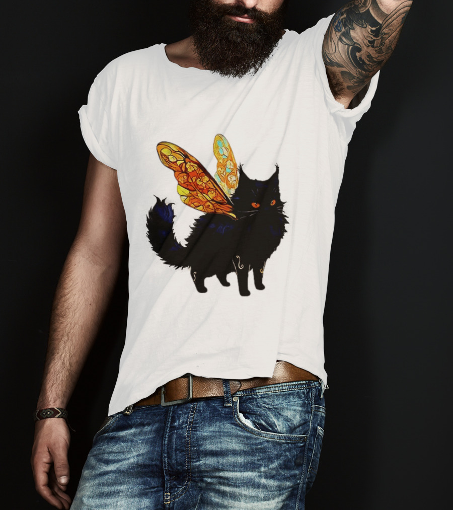 Black Cat With Colorful Fairy Wings Fantastical T-Shirt