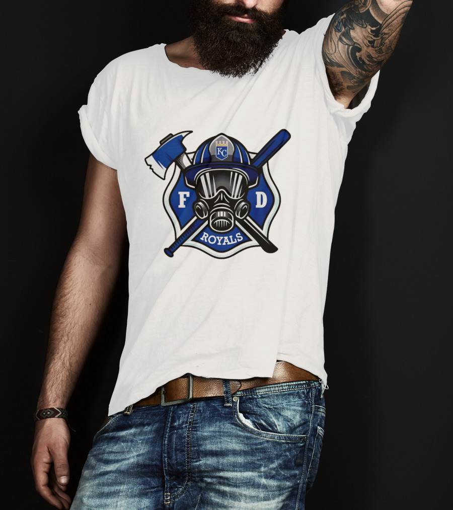Kansas City Royals Firefighter FD Helmet Gas Mask Axe Bat T-Shirt