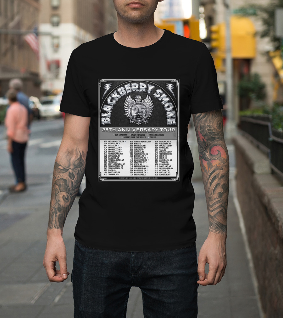 Blackberry Smoke 25th Anniversary Tour 2024 With Ben Chapman And Jason Newsted Featuring Parker Barrow And Robert Jon & The Wreck T-Shirt