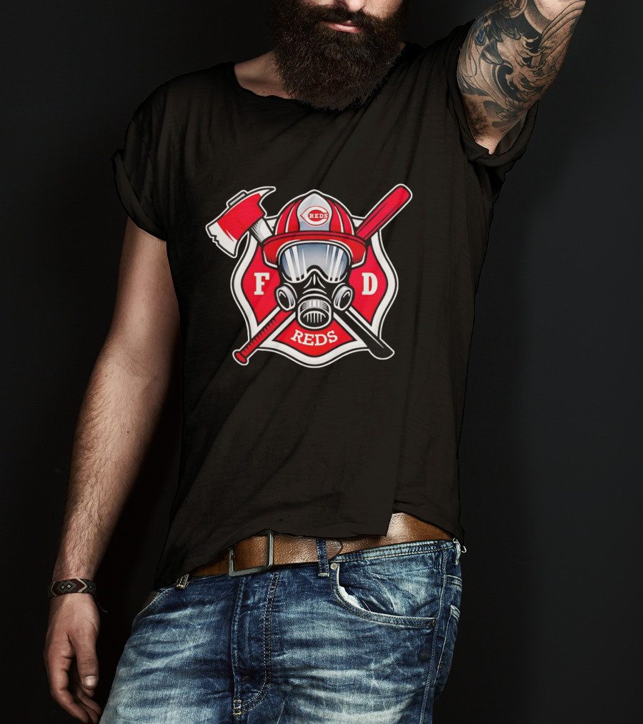 Cincinnati Reds FD Firefighter Helmet With Axe And Baseball Bat T-Shirt