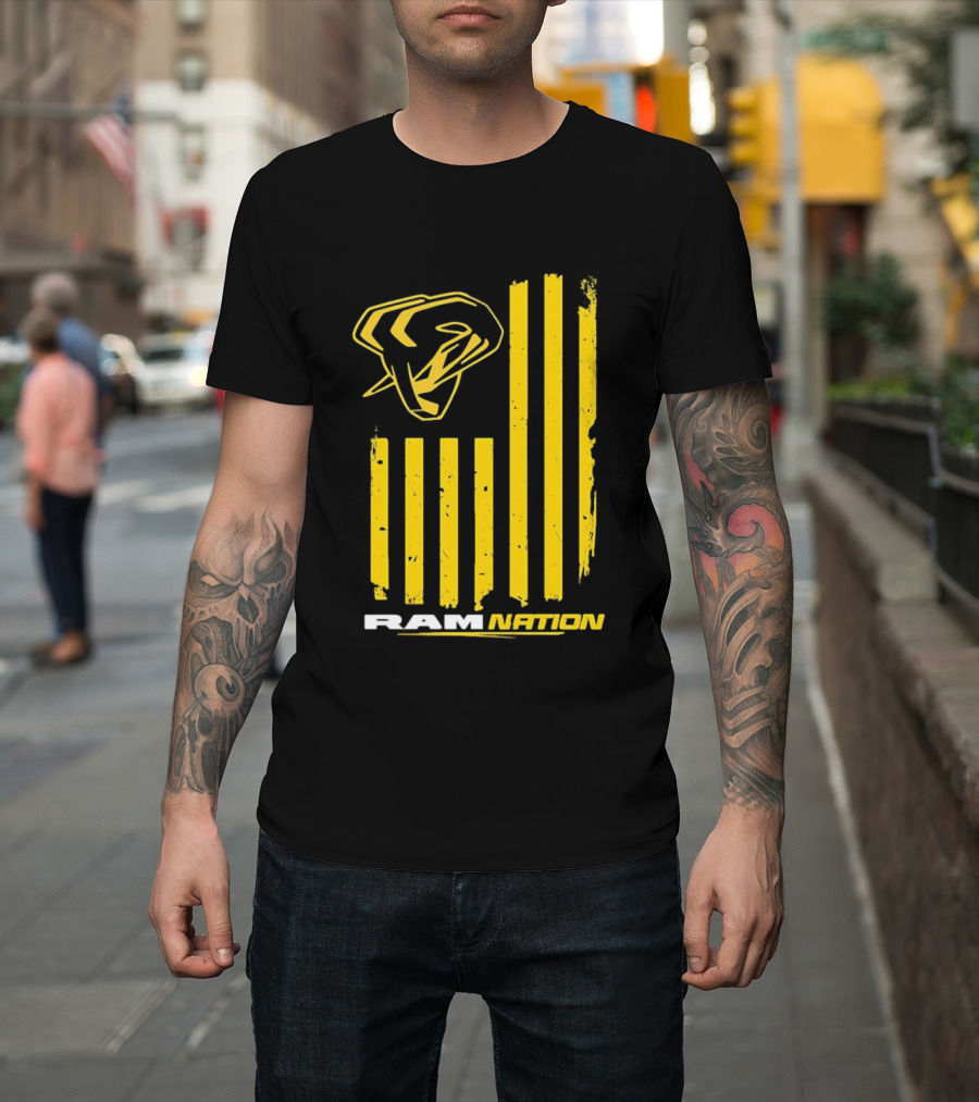 Ram Nation USA Flag Yellow Ram Head Stripes T-Shirt