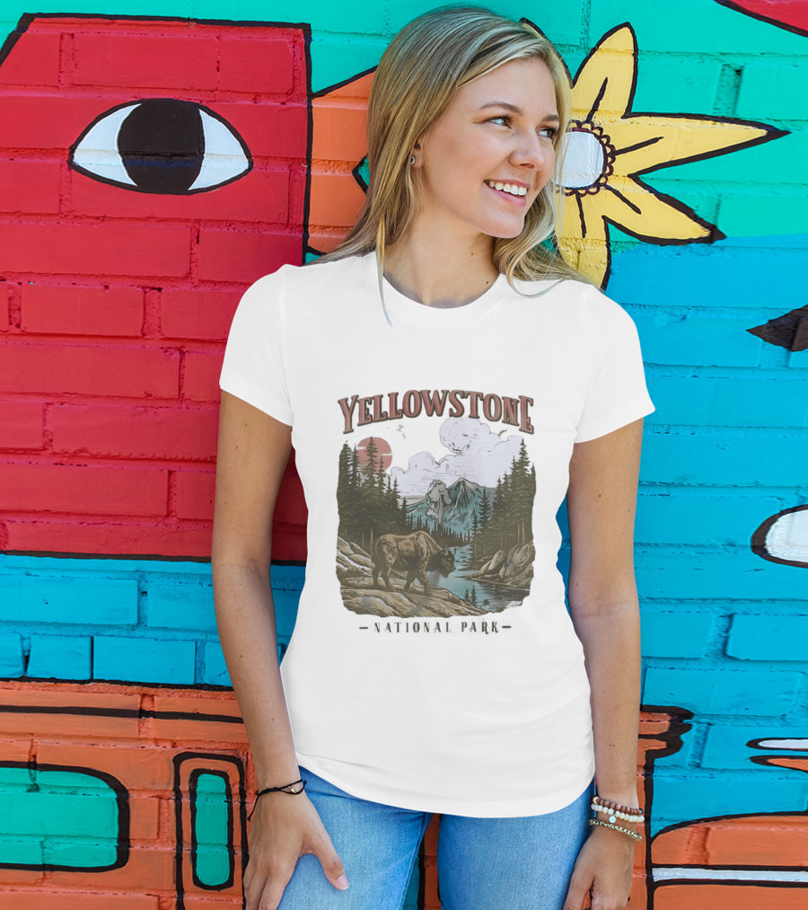 Yellowstone National Park Wild Buffalo By Stream Scenic Landscape T-Shirt