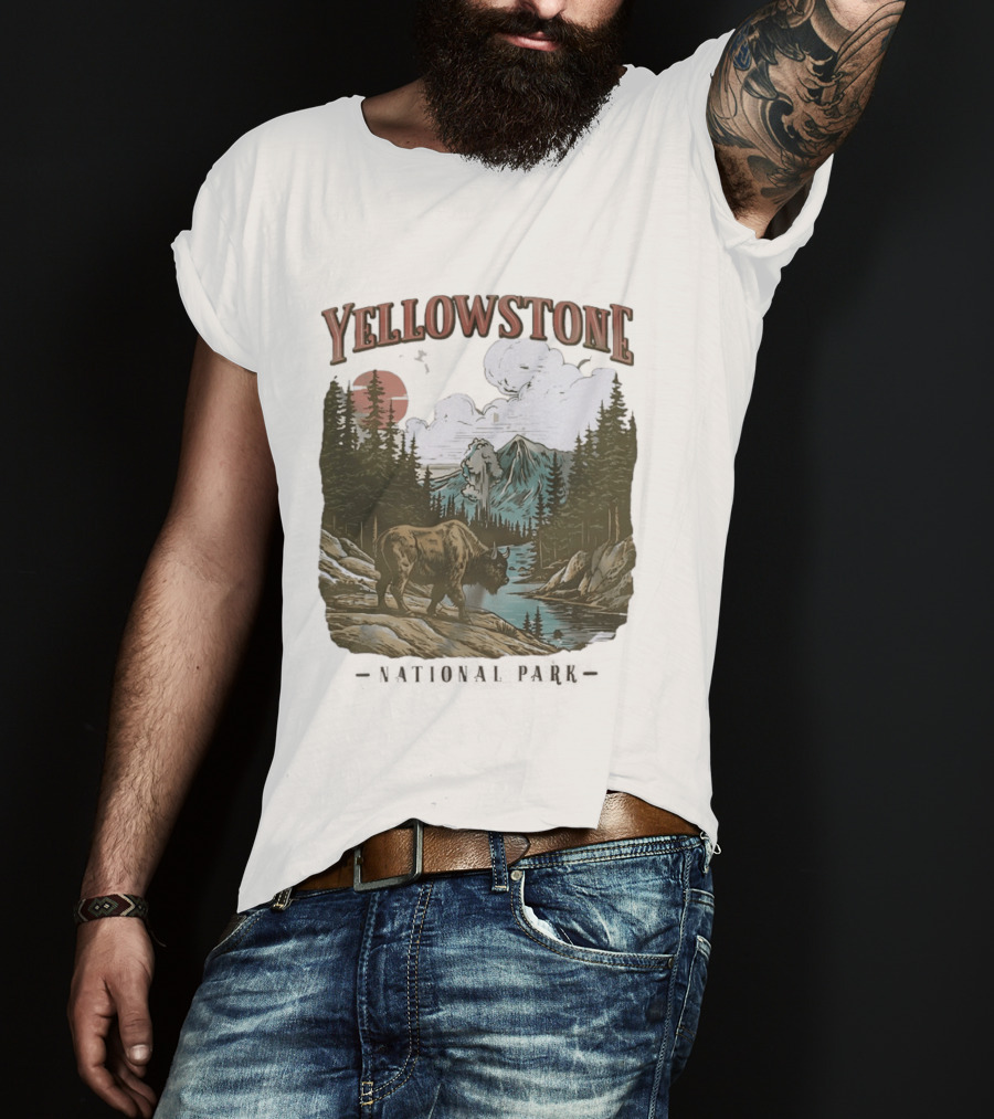Yellowstone National Park Wild Buffalo By Stream Scenic Landscape T-Shirt