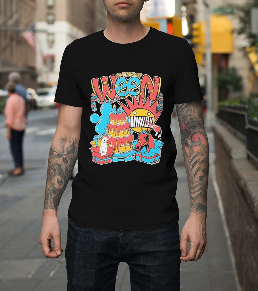40 Years Of Ween Celebration Cake Balloons Dog Horse Black Sun Mask T-Shirt