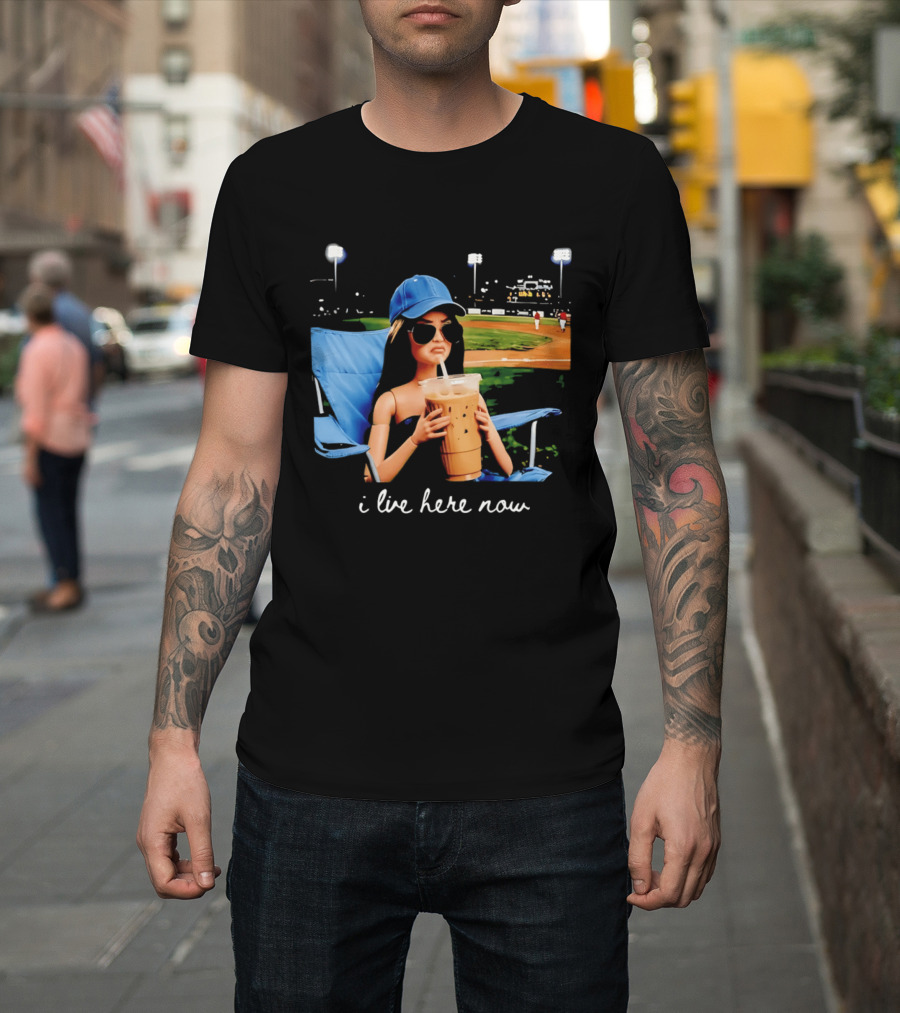 I Live Here Now Barbie Drink Coffee Baseball Stadium Scene T-Shirt