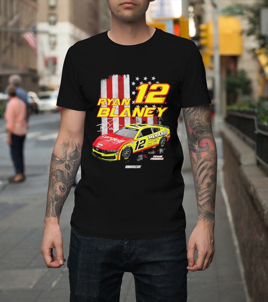 Ryan Blaney 12 Team Penske NASCAR American Flag Racing Car T-Shirt