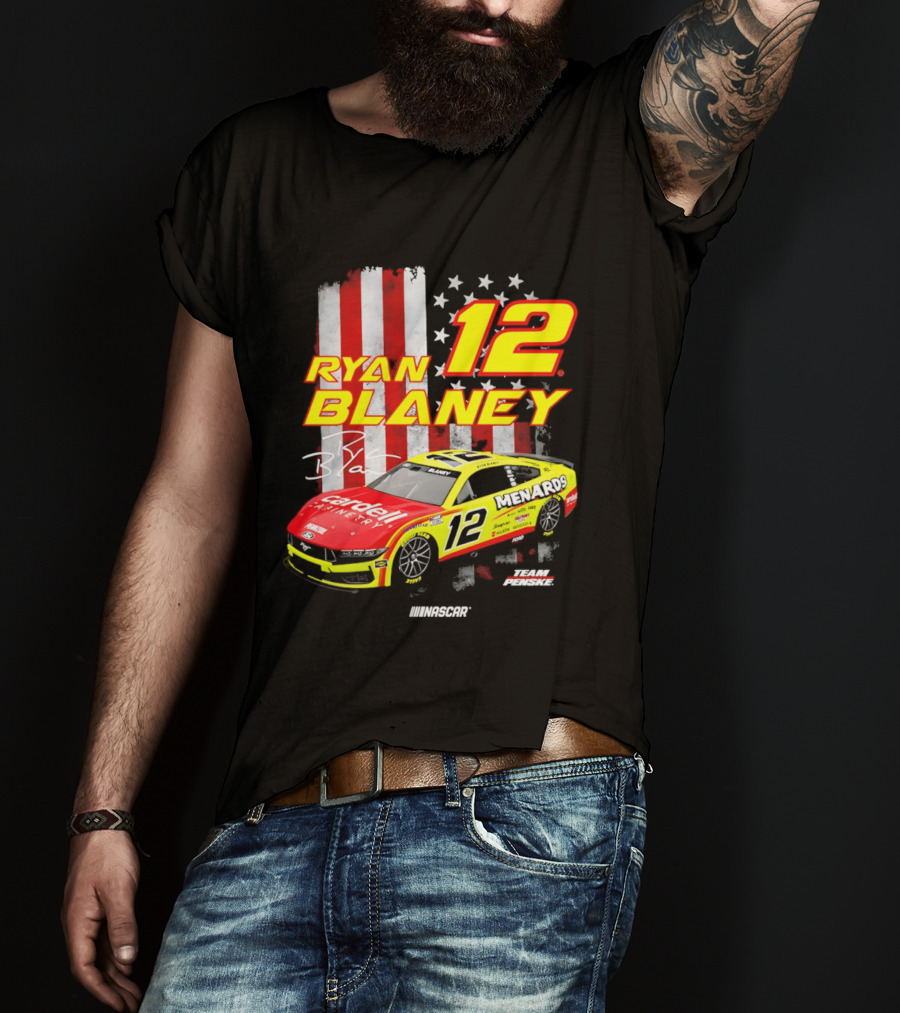 Ryan Blaney 12 Team Penske NASCAR American Flag Racing Car T-Shirt