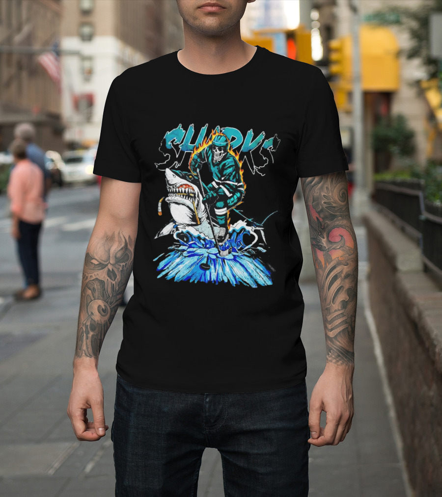San Jose Sharks 90s Hockey Skull Flames Ice Shark Rider T-Shirt