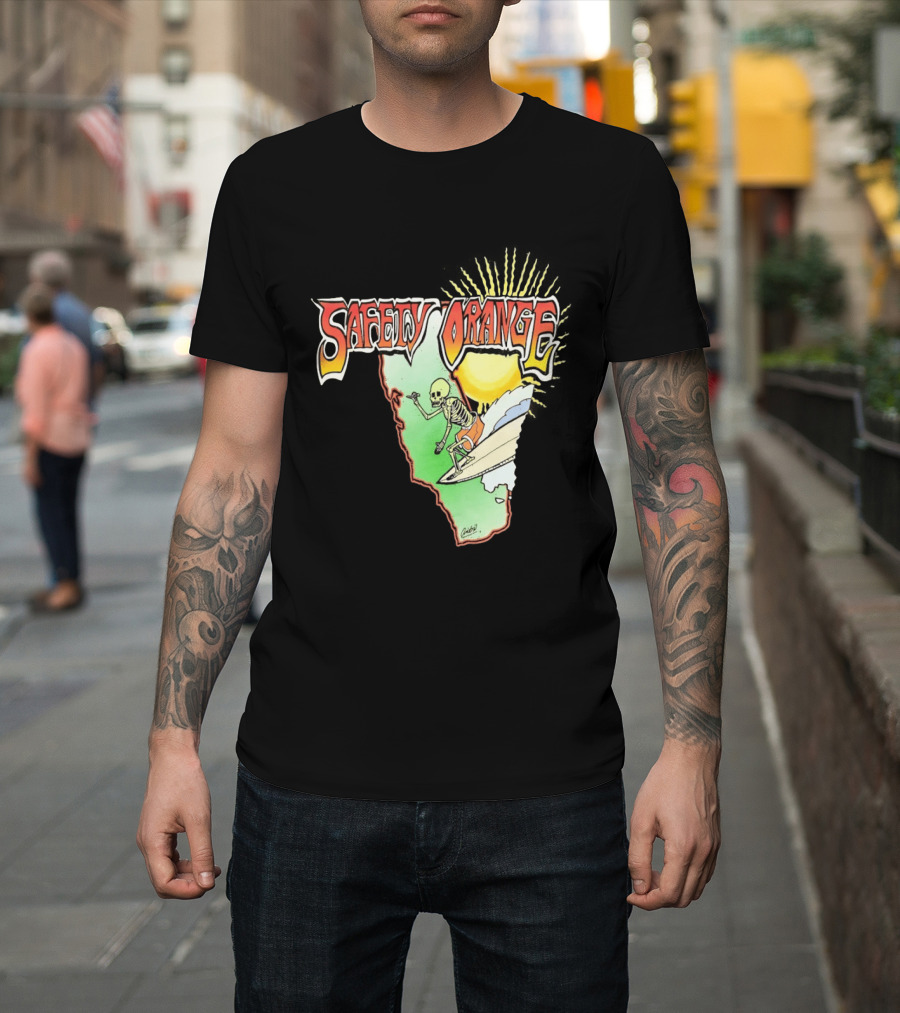 Safety Orange Skeleton Surfing Explosion Scene T-Shirt