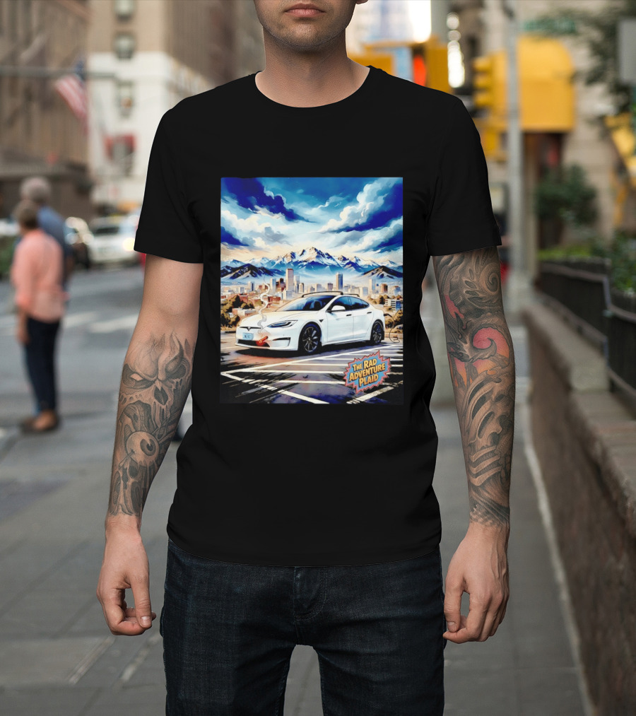 The Rad Adventure Plaid Electric Car Scenic Mountain Cityscape T-Shirt