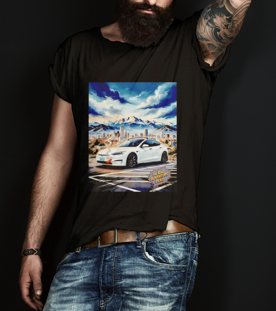 The Rad Adventure Plaid Electric Car Scenic Mountain Cityscape T-Shirt