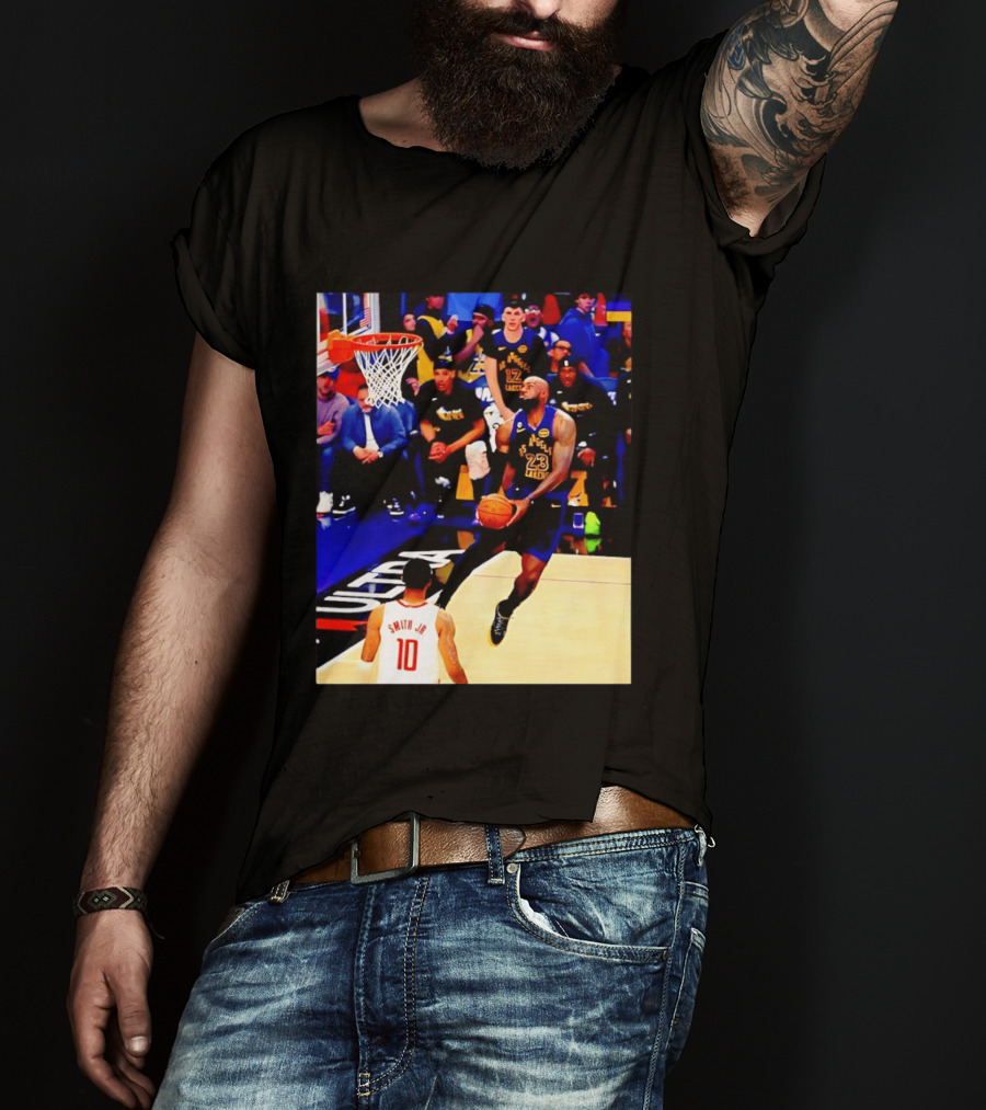 LeBron James Los Angeles Lakers Dunking Action Photo T-Shirt