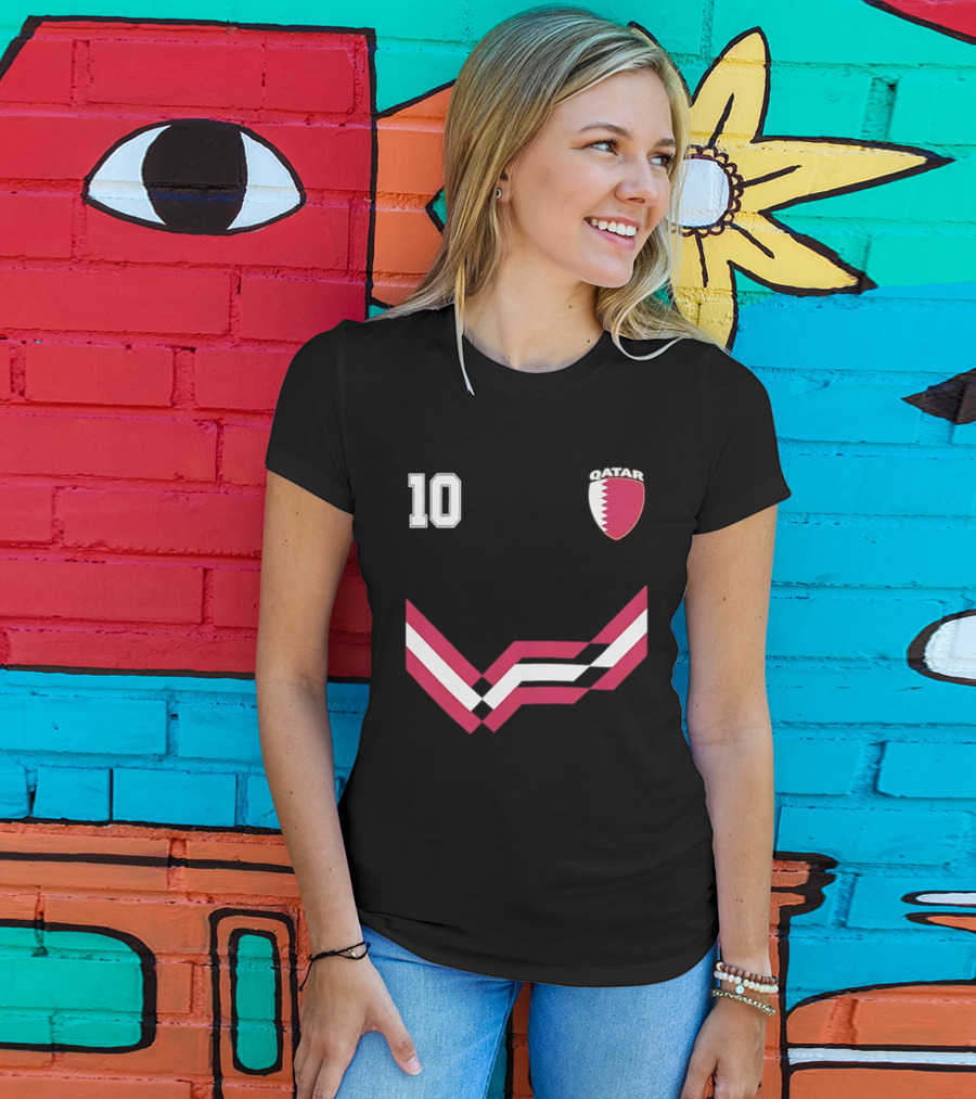 Akram Afif Qatar 10 Soccer Badge Red Chevron T-Shirt