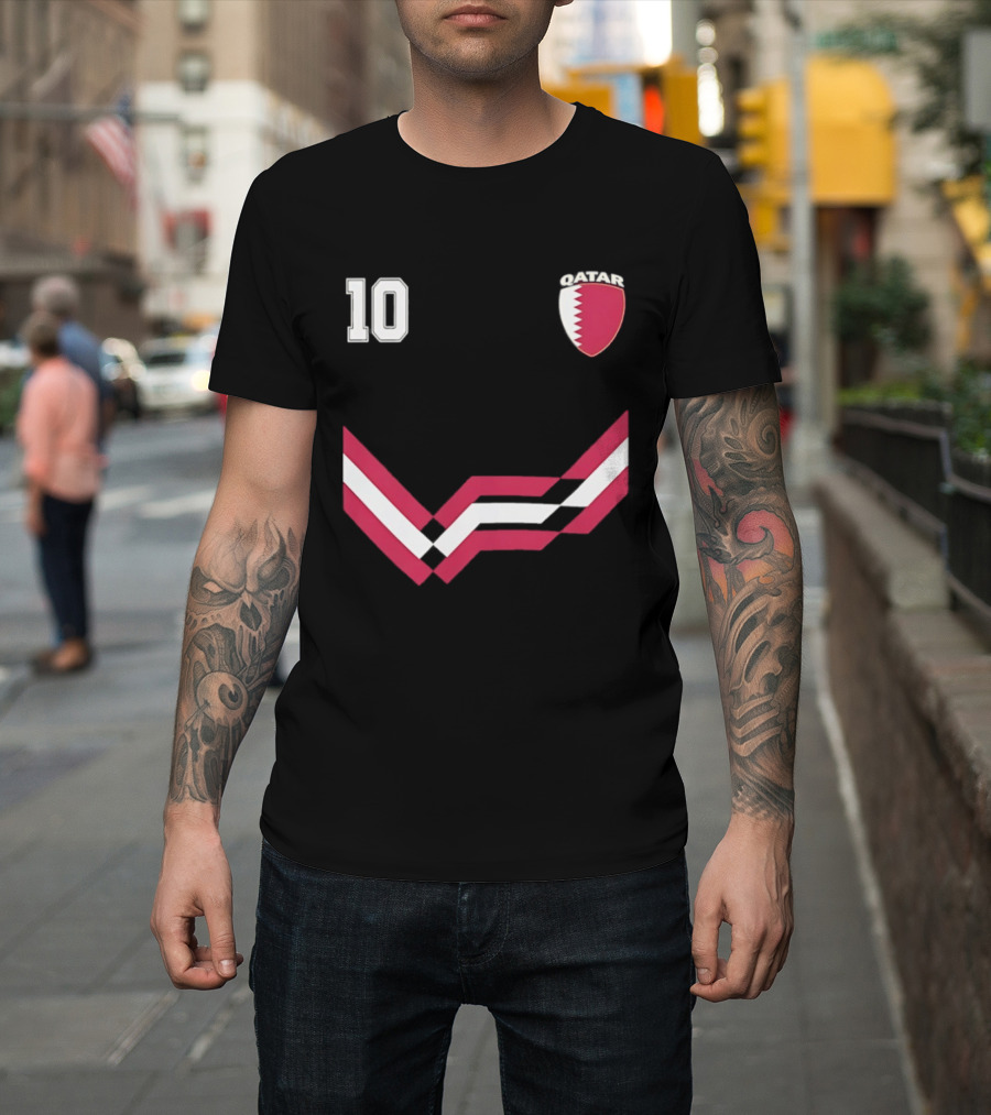 Akram Afif Qatar 10 Soccer Badge Red Chevron T-Shirt
