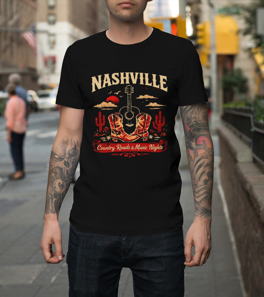 Nashville Country Roads Music Nights Boots Guitar Desert Cactus Moon Clouds T-Shirt