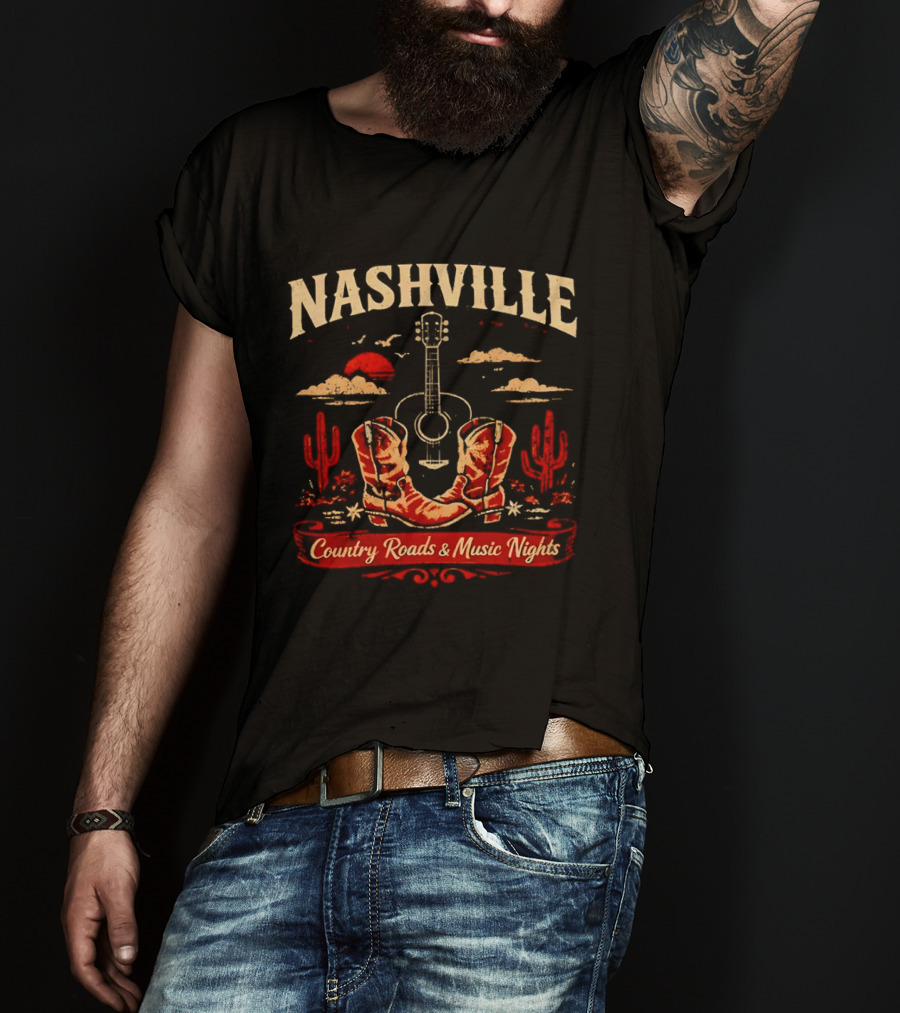 Nashville Country Roads Music Nights Boots Guitar Desert Cactus Moon Clouds T-Shirt