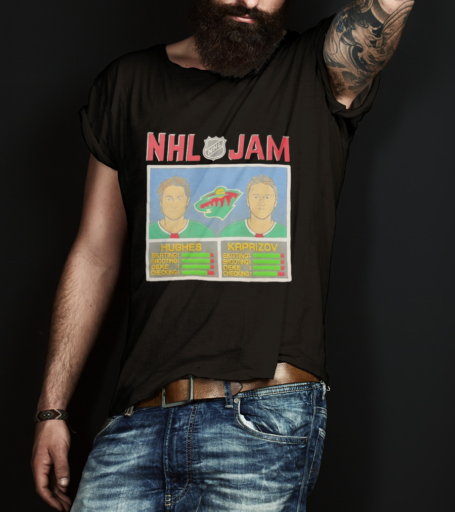 NHL Jam Hughes Kaprizov Minnesota Wild Skating Shooting Deke Checking T-Shirt