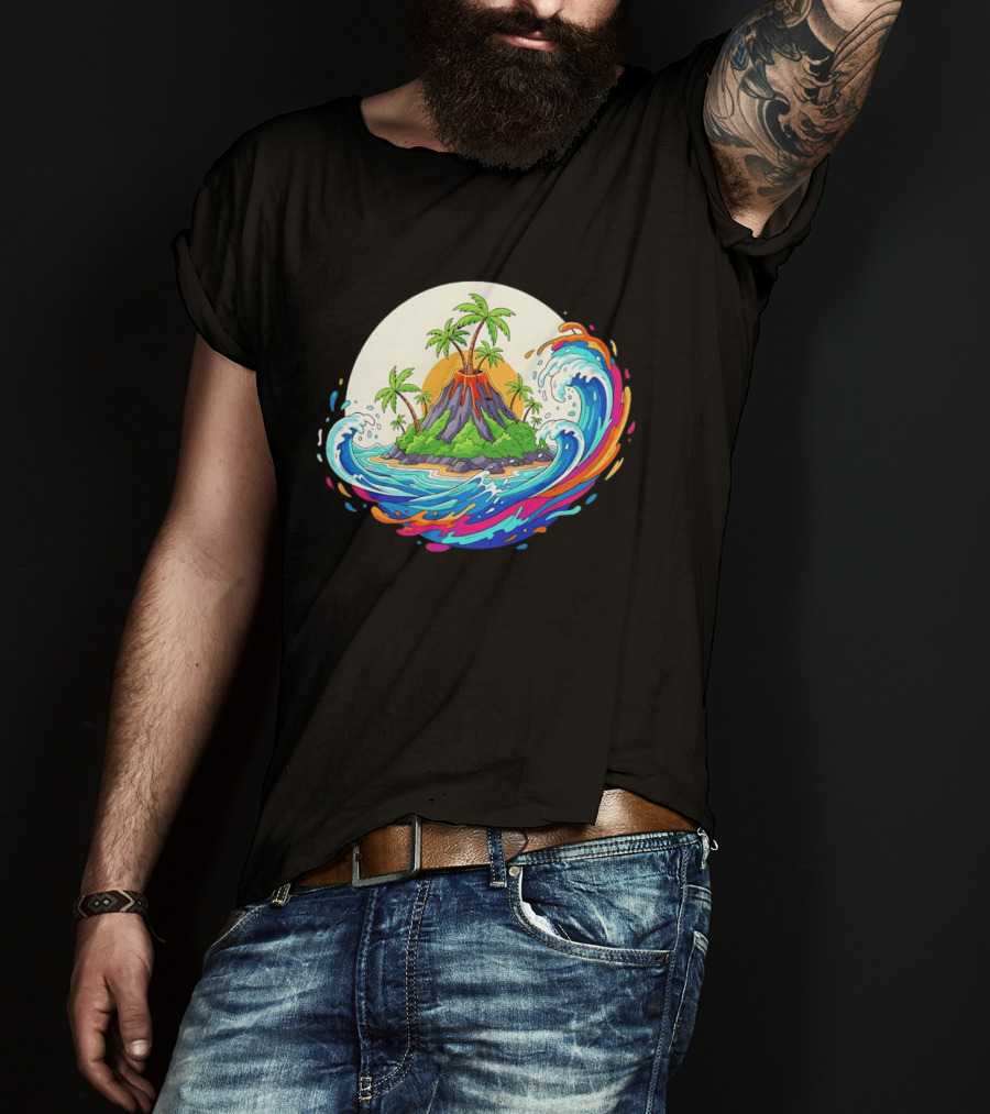 Sure! Here's The New Title: "Tropical Island Volcano At Sunset With Ocean Waves T-Shirt