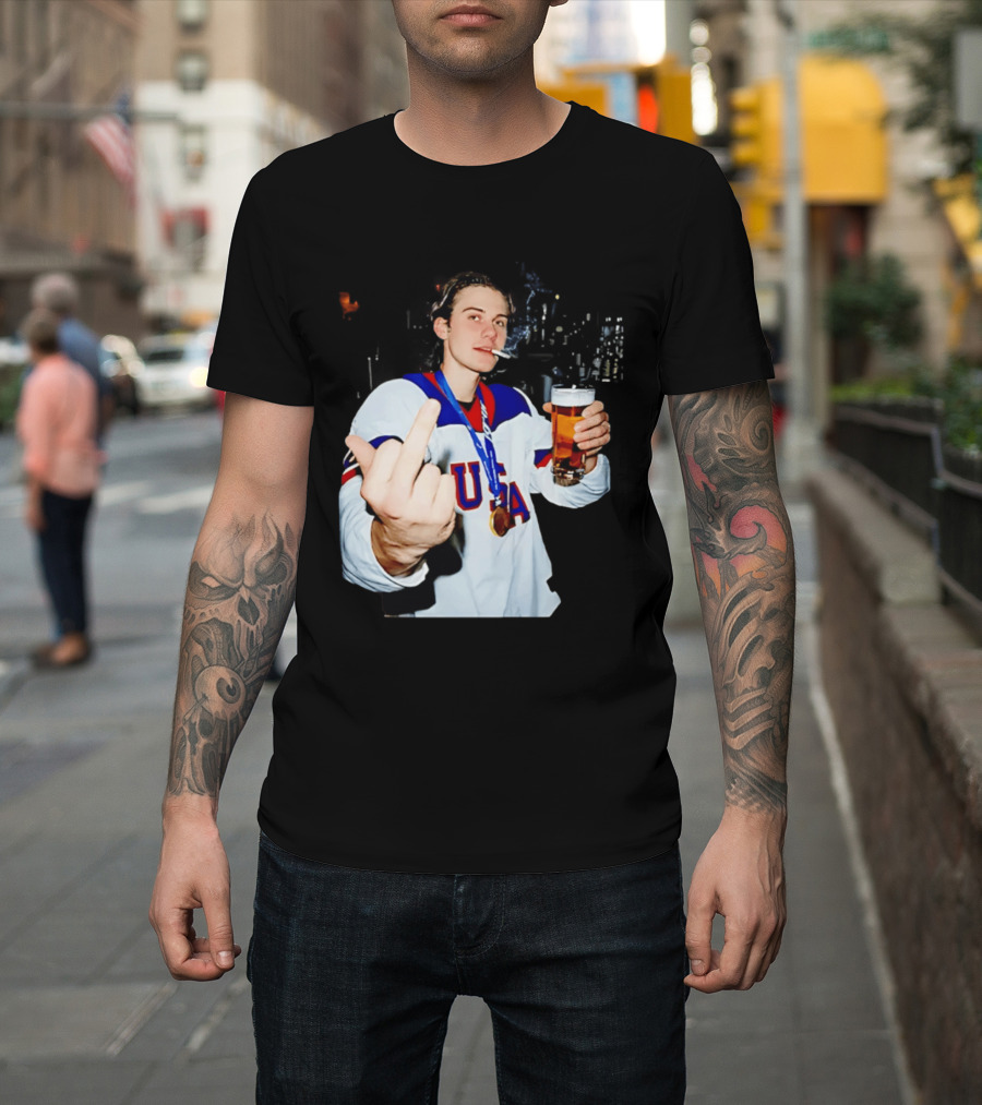 USA Hockey Player Victory Celebration Smoking Beer Middle Finger T-Shirt