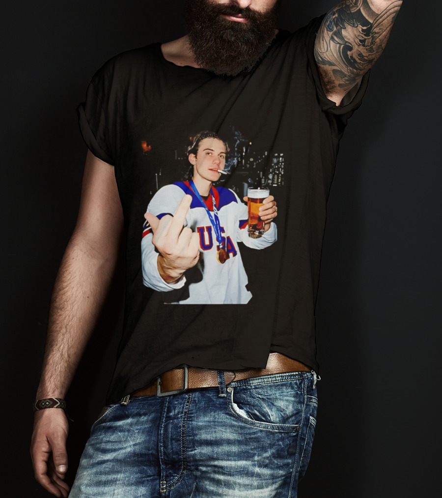 USA Hockey Player Victory Celebration Smoking Beer Middle Finger T-Shirt