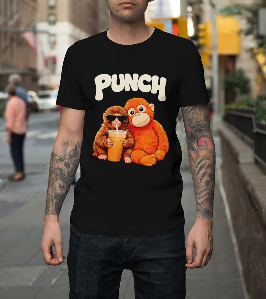 PUNCH Brown Monkey With Orange Plush And Iced Drink T-Shirt
