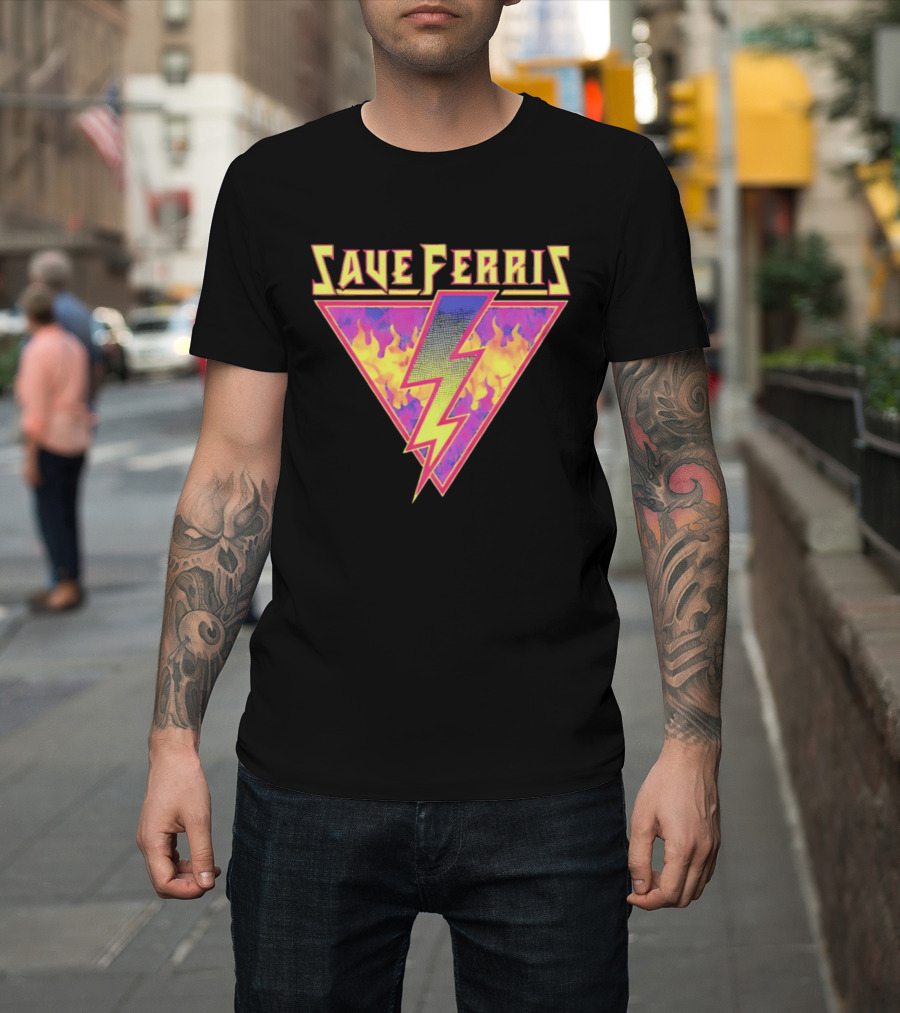 Save Ferris Lightning Bolt Retro 80s Flames T-Shirt