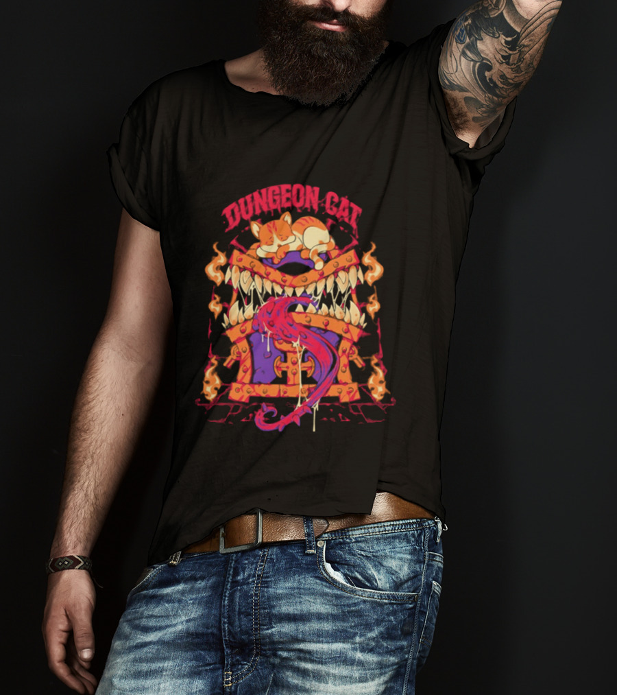Dungeon Cat Sleeping On Monstrous Chest Surrounded By Flames And Tentacles T-Shirt