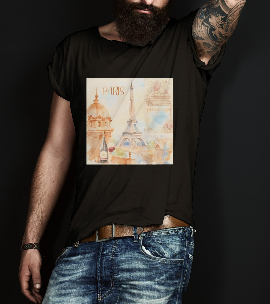 Paris Printemps Eiffel Tower Wine Flowers Books T-Shirt