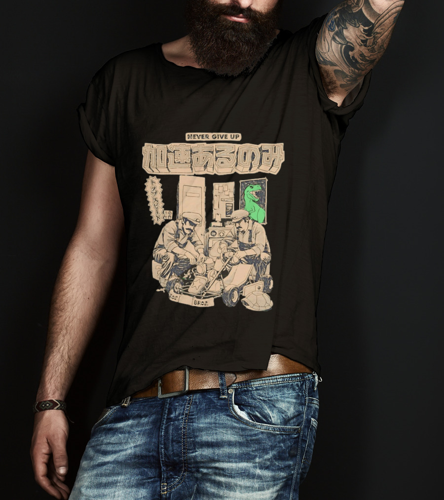 Mario Luigi Never Give Up Japanese Text Kart Fixing Brothers T-Shirt