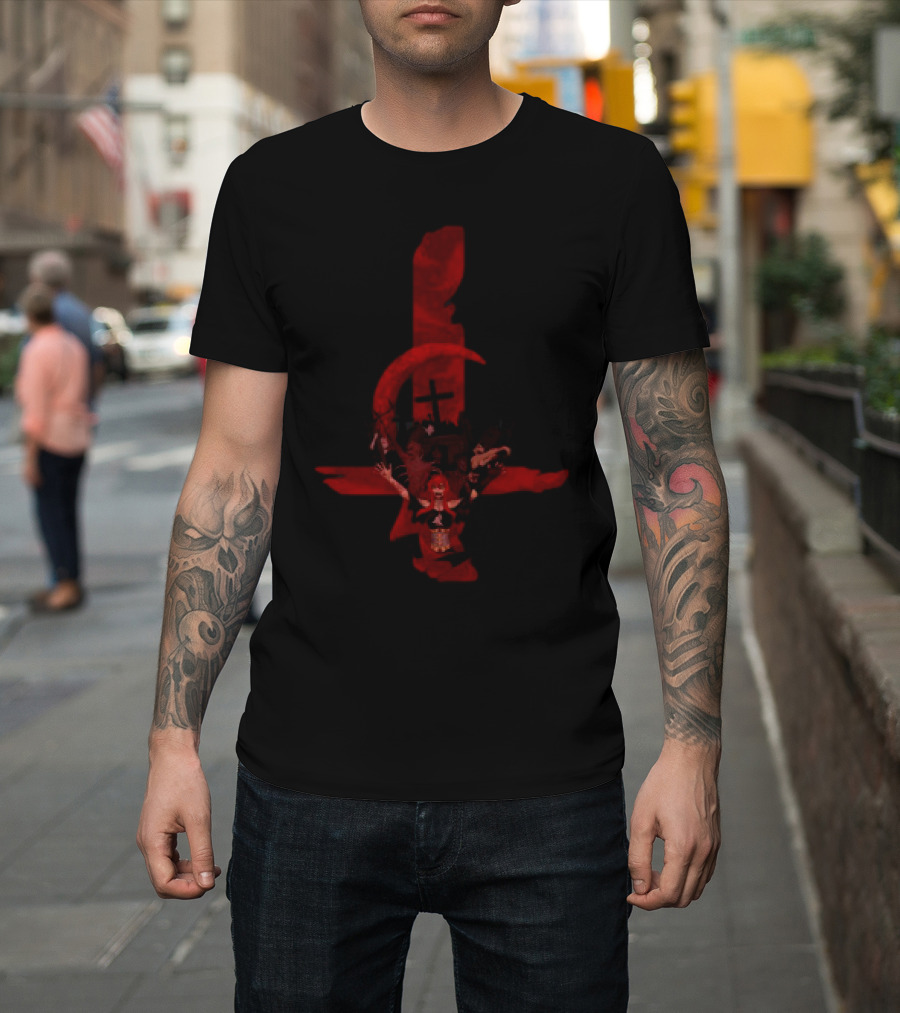 Inverted Cross Graveyard Gothic Anarchist Symbol With Red Crescent Moon T-Shirt