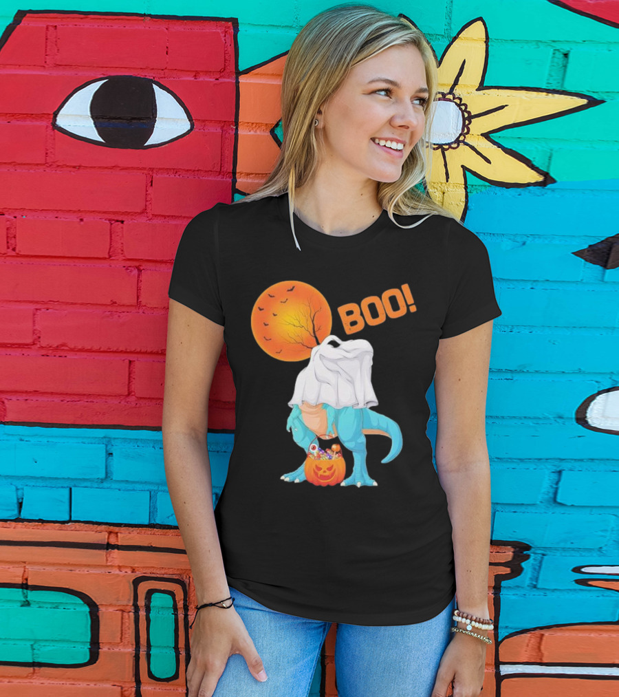 Ghost Dinosaur Rex Boo Halloween Pumpkin Boys Men T-Shirt