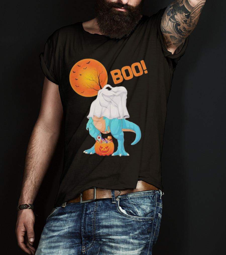 Ghost Dinosaur Rex Boo Halloween Pumpkin Boys Men T-Shirt