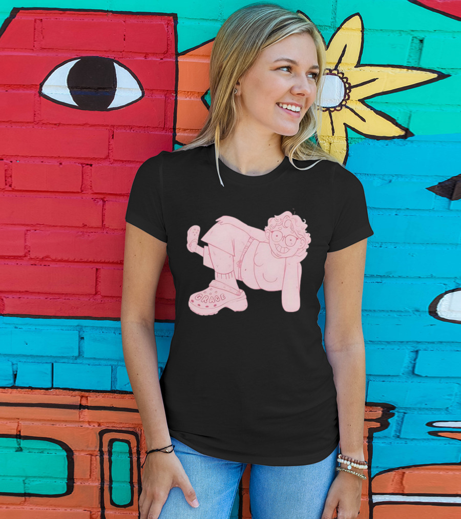 Grace Reiter Crocs Cartoon Character With Pink Outfit And Glasses T-Shirt