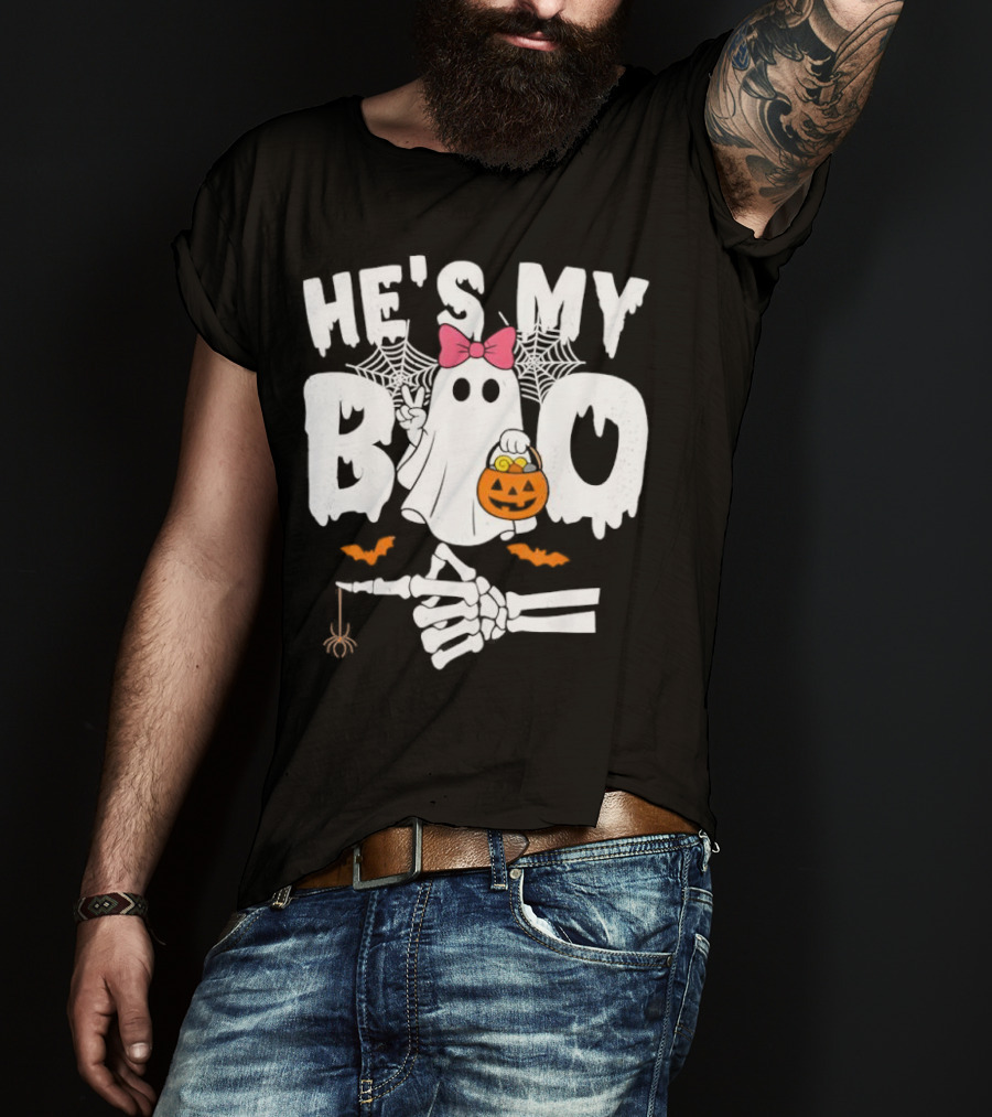 He’s My Boo Pink Bow Ghost With Pumpkin Candy Basket And Skeleton Hand Halloween T-Shirt