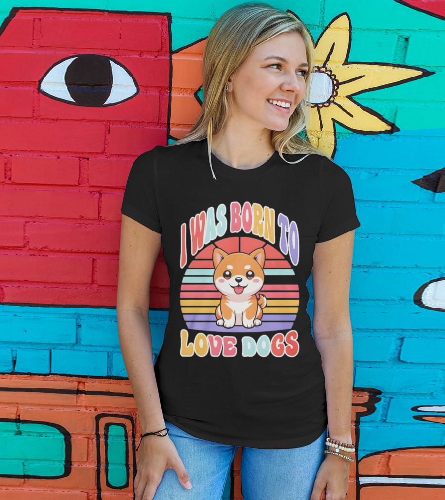 I Was Born To Love Dogs Cute Cartoon Shiba Inu Rainbow Colors T-Shirt