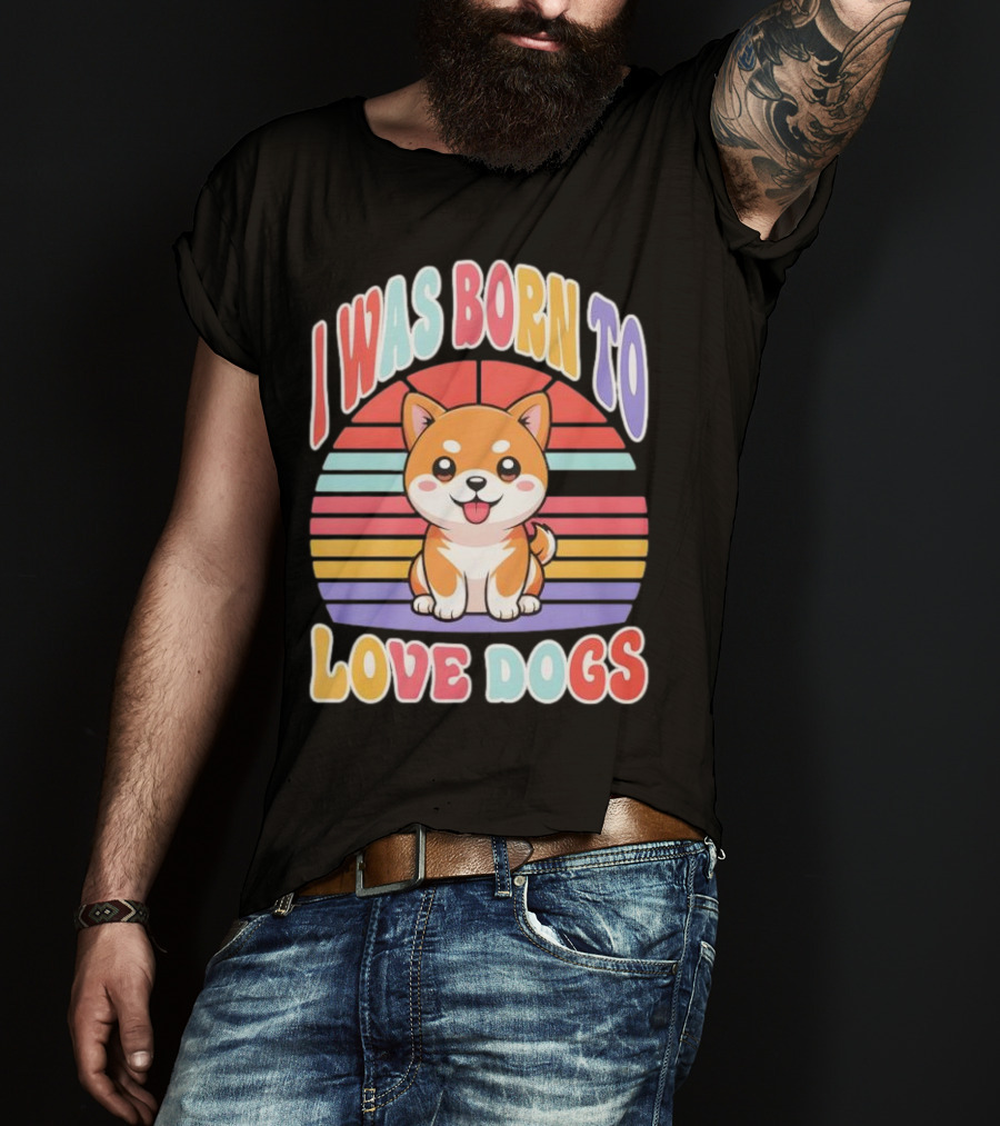 I Was Born To Love Dogs Cute Cartoon Shiba Inu Rainbow Colors T-Shirt